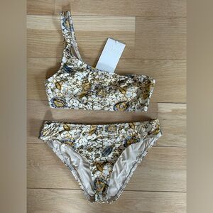 ULLA JOHNSON One-Shoulder Cream/Gold Batik Bikini Set Size XS Top & S Bottom NWT